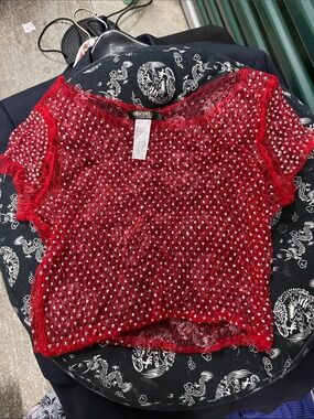 Discovery Red Mesh Rhinestone Short Sleeve Camisole